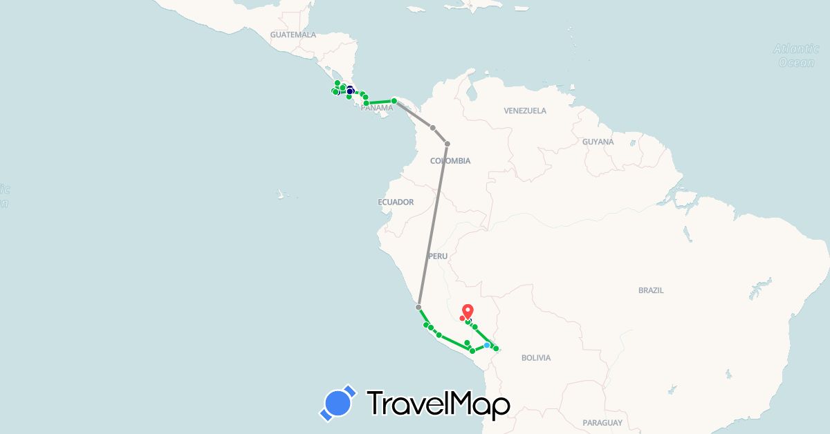TravelMap itinerary: driving, bus, plane, hiking, boat in Bolivia, Colombia, Costa Rica, Panama, Peru (North America, South America)